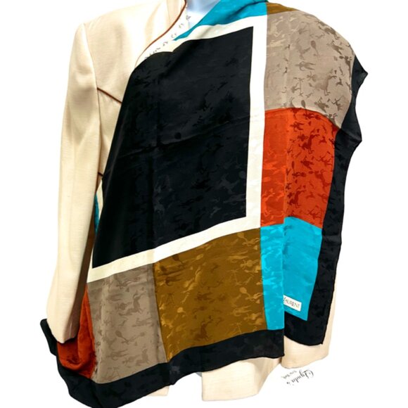 Yves Saint Laurent YSL 100% Silk Satin Scarf 34" Color Block BlackBrown Blue (76 - Picture 3 of 16